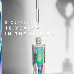 A bottle of EGF Serum with the pipette positioned above it & the text “BIOEFFECT 10 Years In The Making” overlaid on the image.