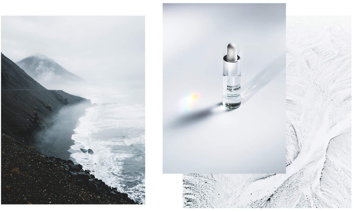 3 images arranged artfully. The image on the left is a birds-eye-view of a rocky coastline in foggy, overcast weather with mountains. A smaller image to the right features a bottle of BIOEFFECT pure skin care EGF Serum sitting on a white surface with natural light shining through. Behind this image is a minimal, all-white scene of natural, snowy landscape from high above.